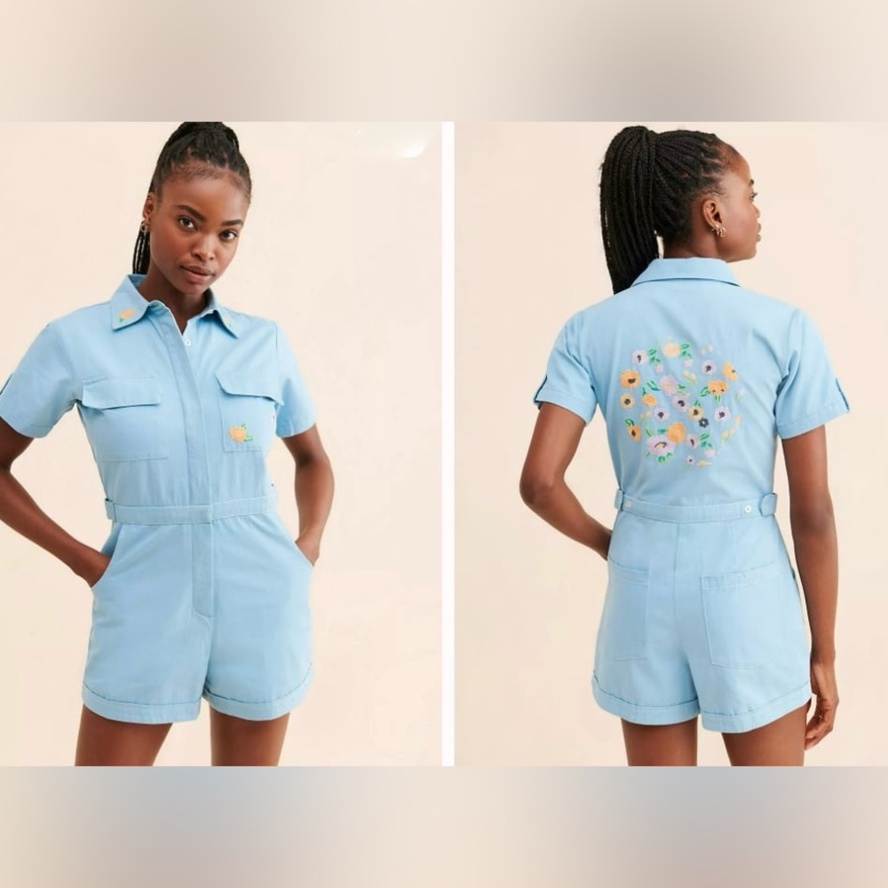 Rue Stiic x Nuuly Elsie embroidered Sky Blue Romper- Size Medium